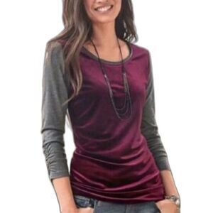 Sundance Women's Burgundy Velvet Gray Ruched 3/4 Sleeve Tunic Top Size XL